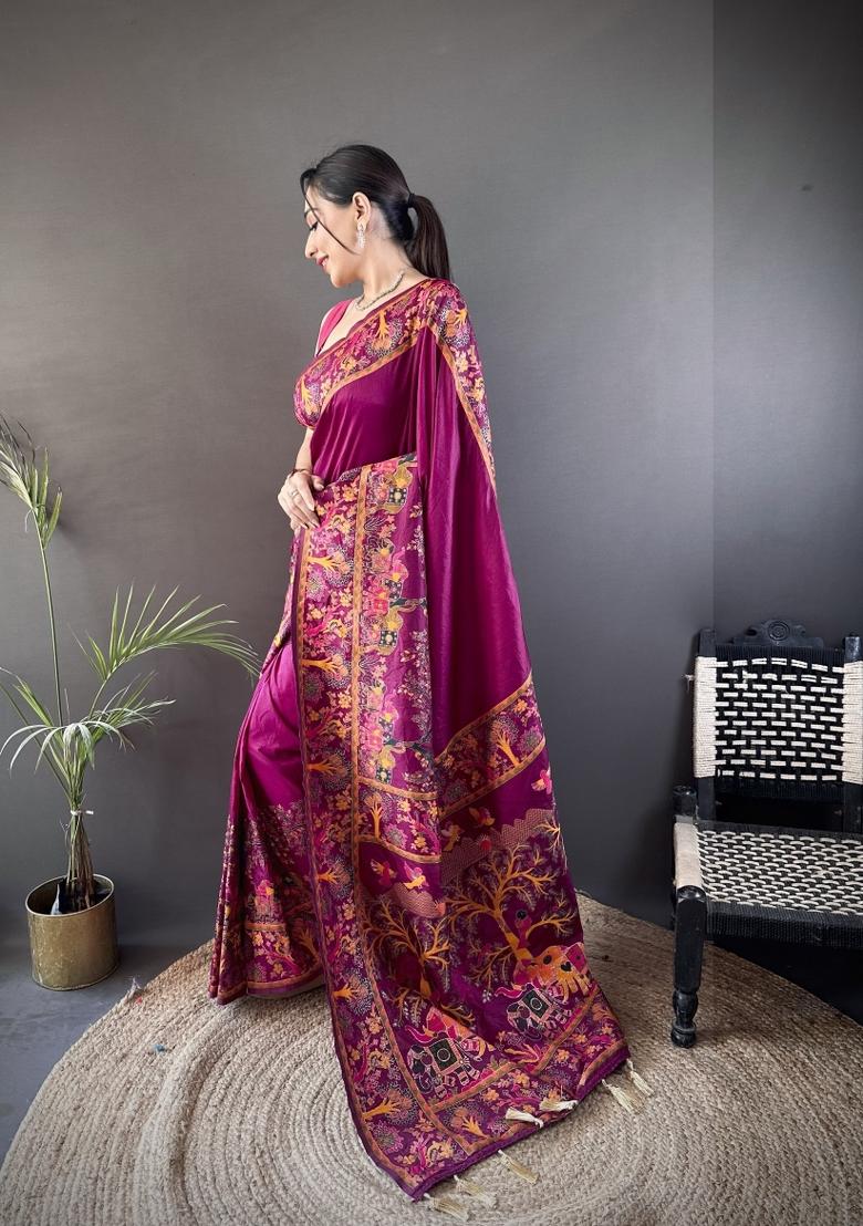 Wine Weaving Work Silk Saree Set - Indya