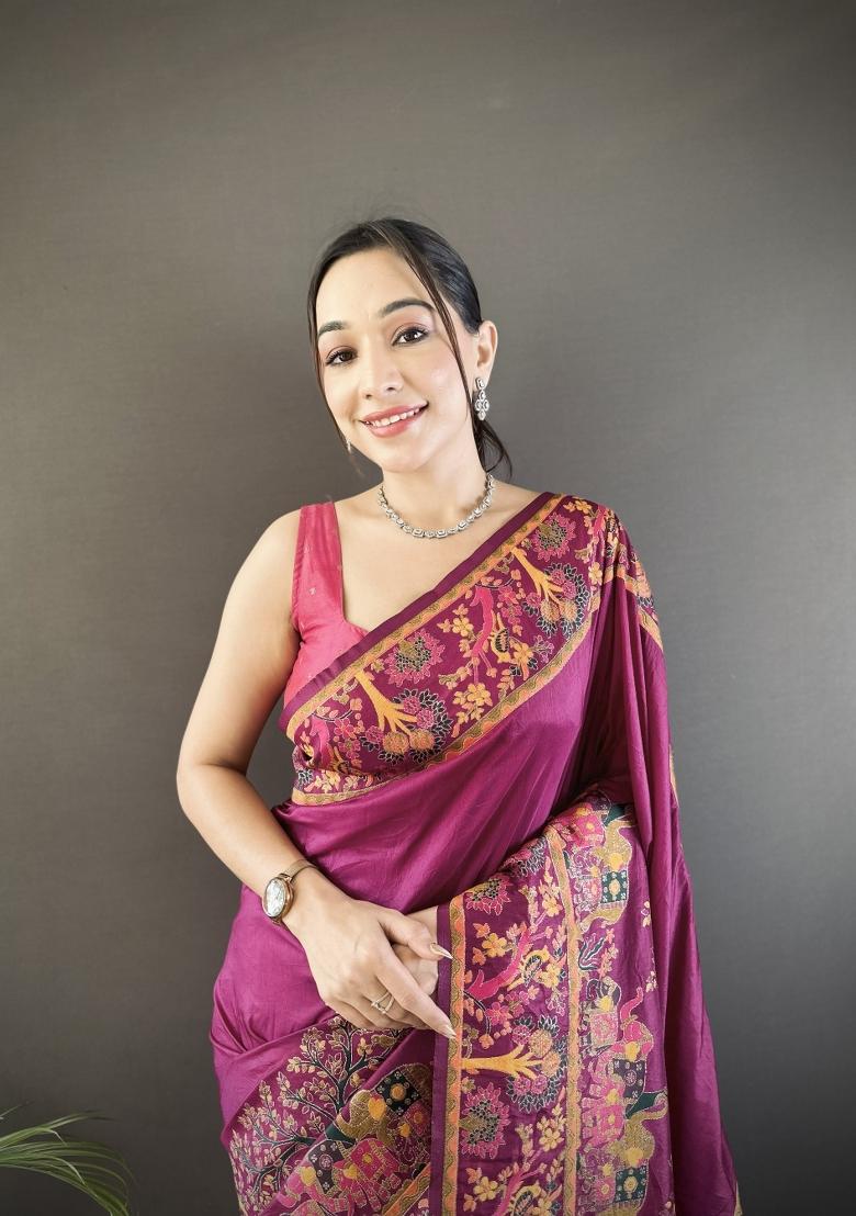 Wine Weaving Work Silk Saree Set - Indya
