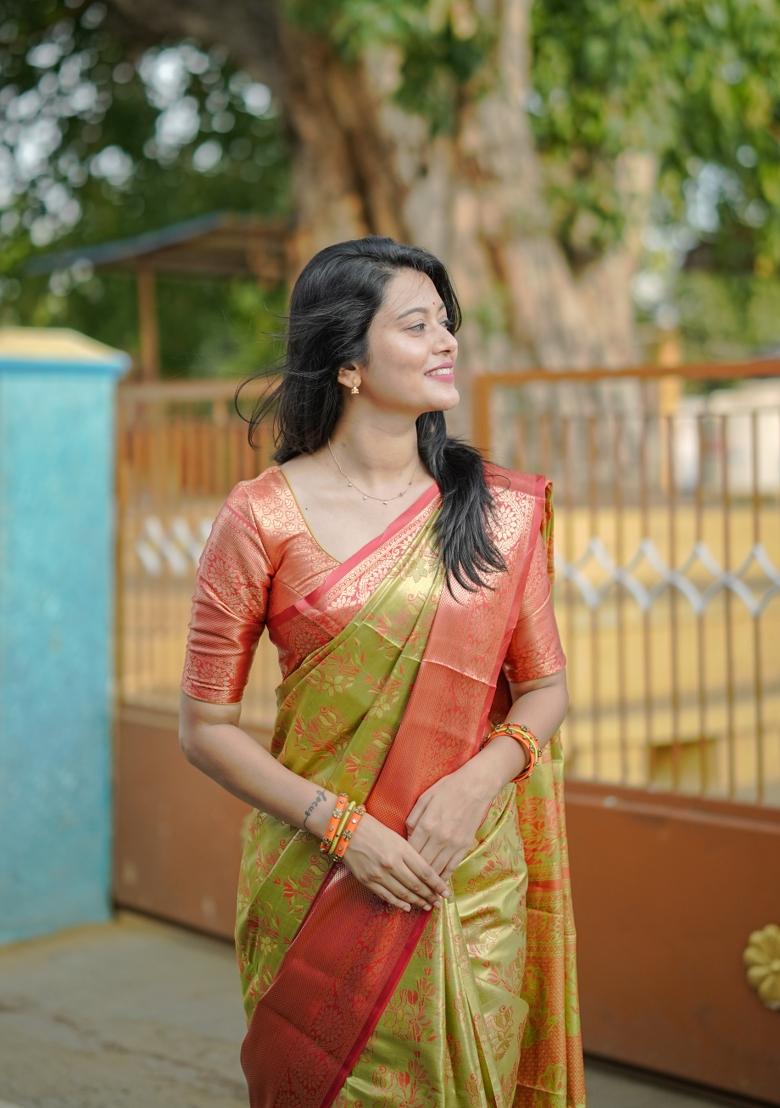 Parrot Green Weaving Work Silk Saree Set - Indya