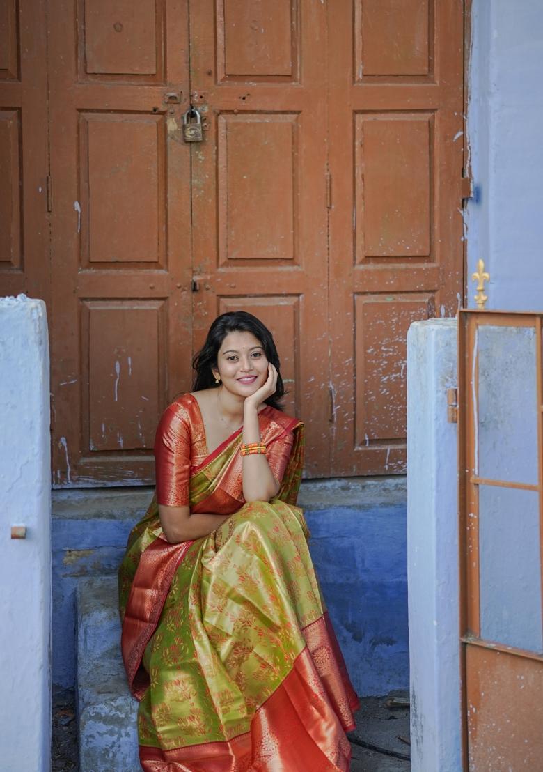 Parrot Green Weaving Work Silk Saree Set - Indya