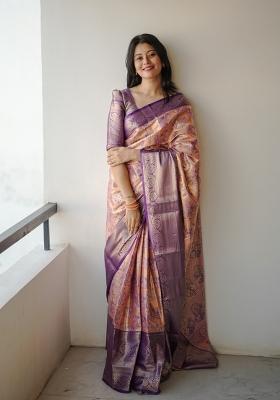 Peach Weaving Work Silk Saree Set