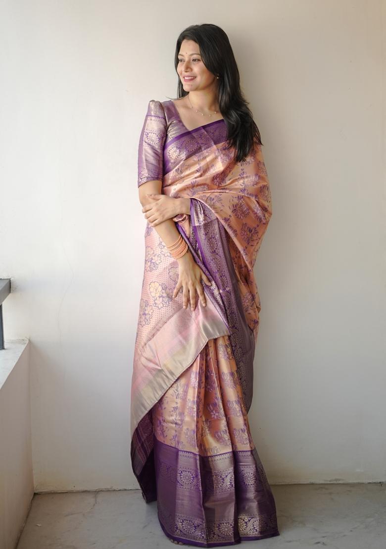 Peach Weaving Work Silk Saree Set - Indya