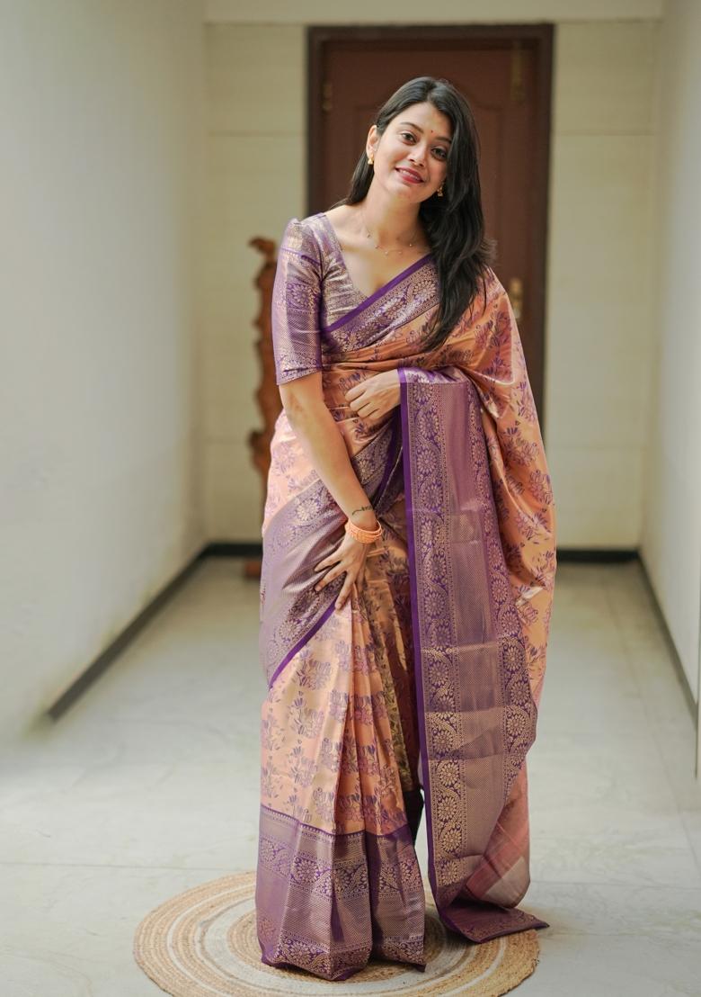 Peach Weaving Work Silk Saree Set - Indya