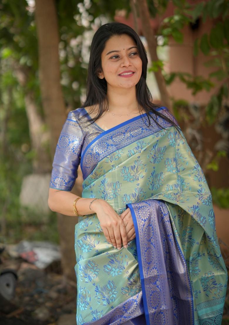 Sky Blue Weaving Work Silk Saree Set - Indya