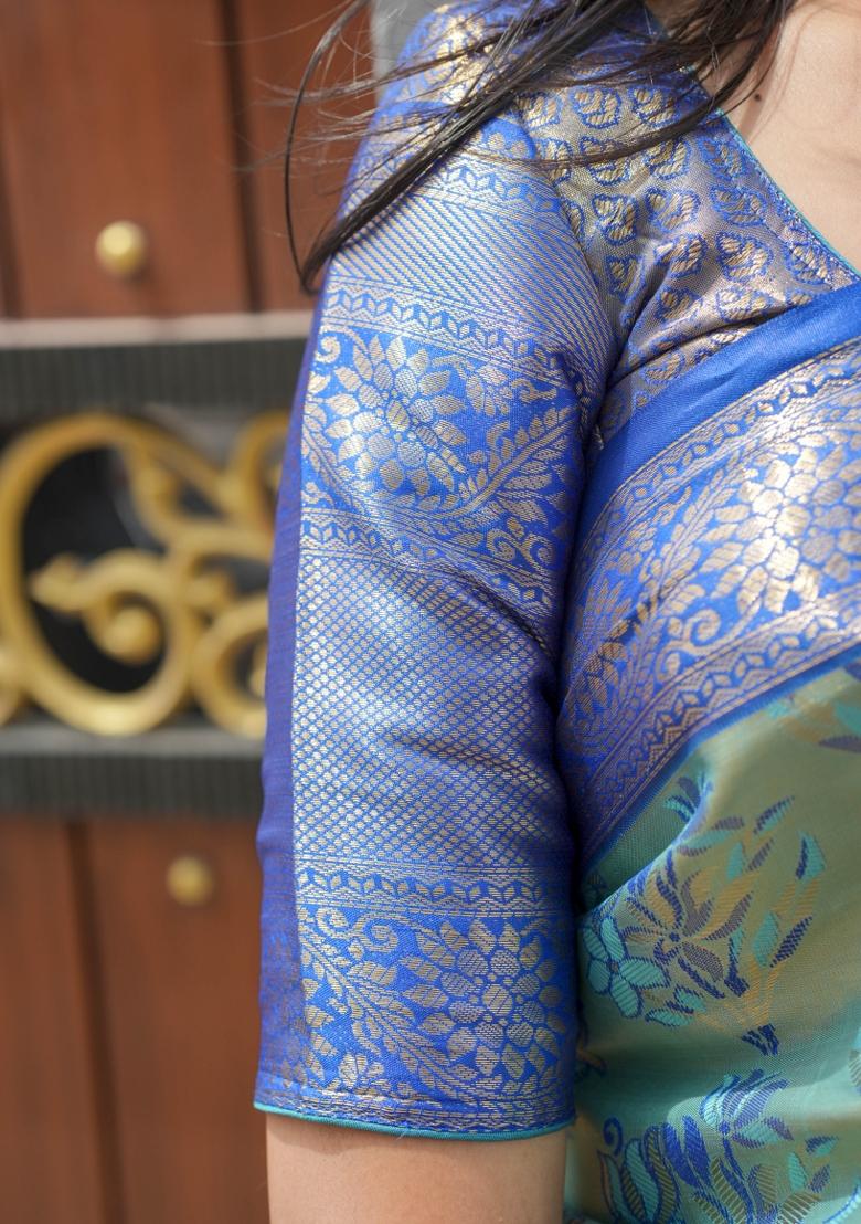 Sky Blue Weaving Work Silk Saree Set - Indya