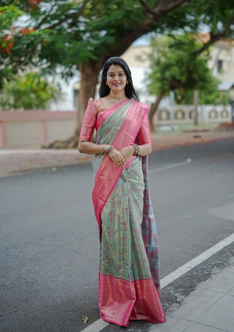 Sky Blue Weaving Work Silk Saree Set - Indya