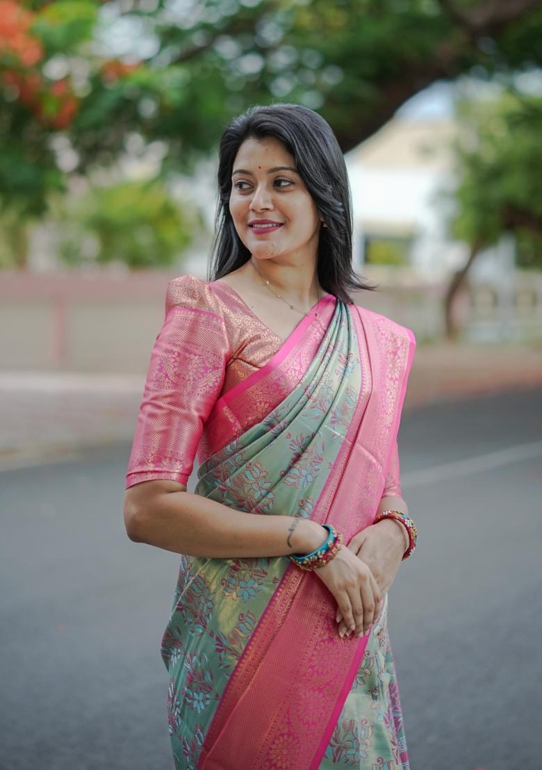 Sky Blue Weaving Work Silk Saree Set - Indya