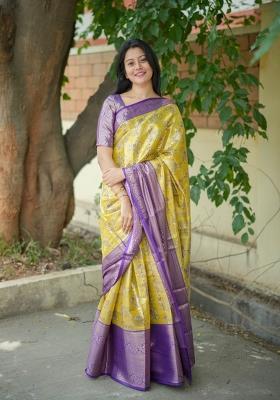 Yellow Weaving Work Silk Saree Set