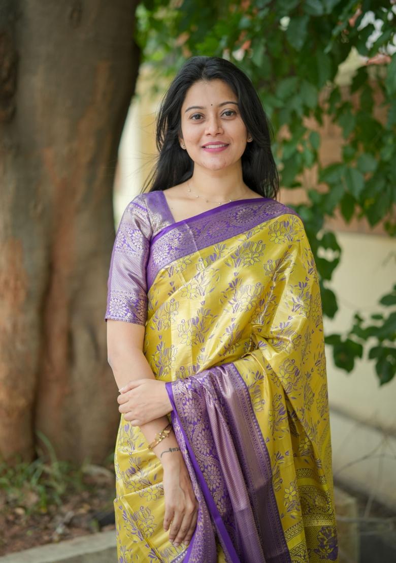 Yellow Weaving Work Silk Saree Set - Indya