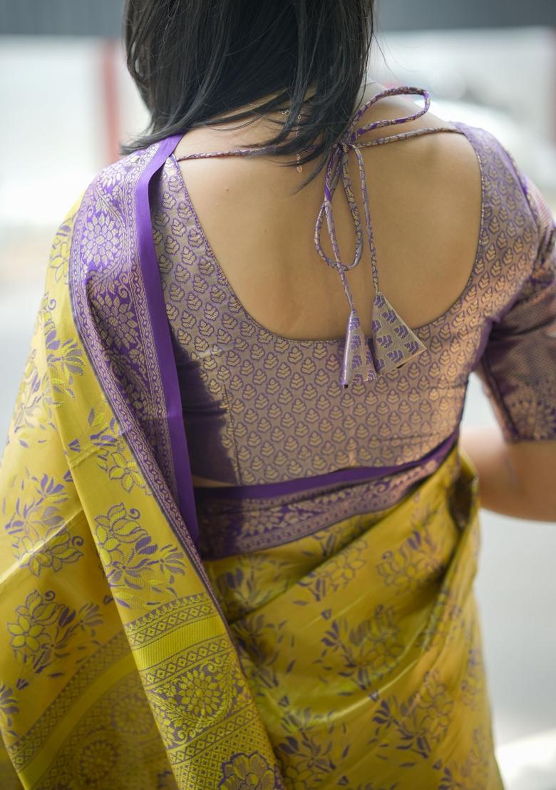 Yellow Weaving Work Silk Saree Set - Indya