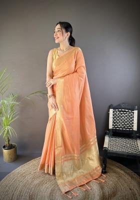 Orange Weaving Work Cotton Saree Set