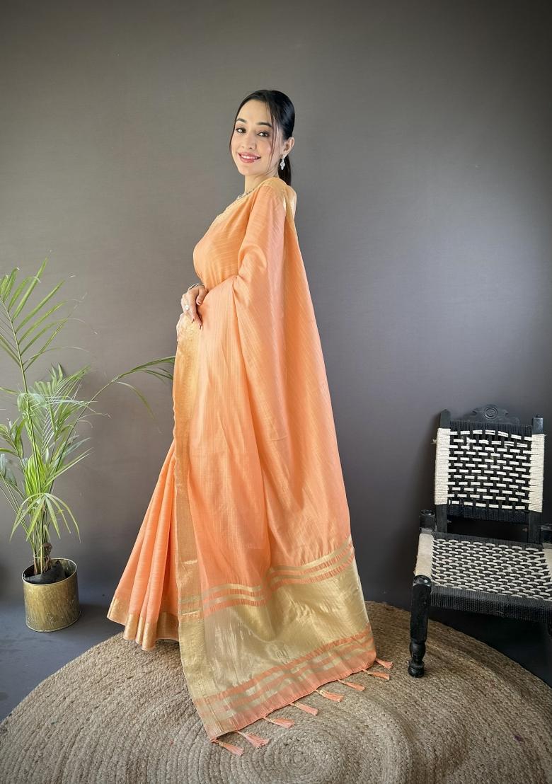 Orange Weaving Work Cotton Saree Set - Indya