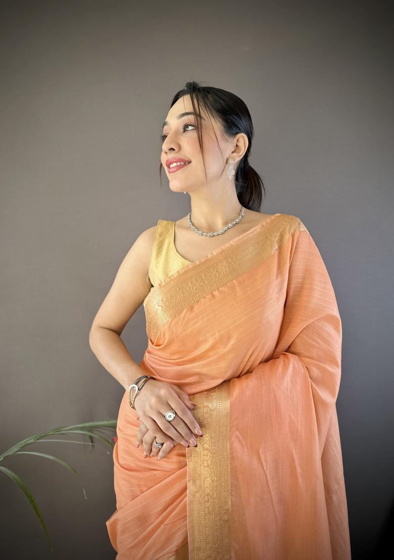 Orange Weaving Work Cotton Saree Set - Indya
