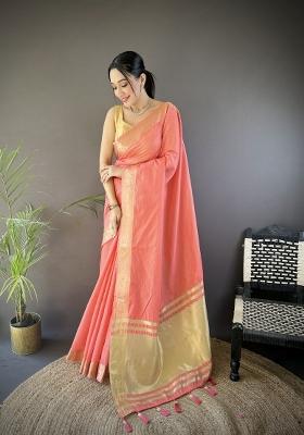 Peach Weaving Work Cotton Saree Set