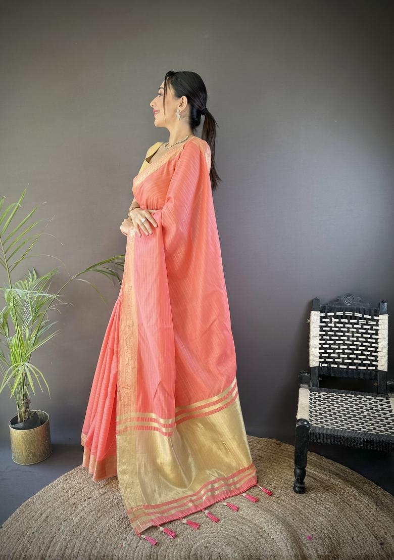 Peach Weaving Work Cotton Saree Set - Indya