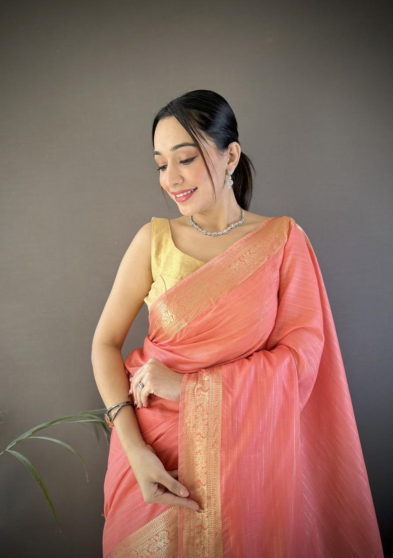 Peach Weaving Work Cotton Saree Set - Indya