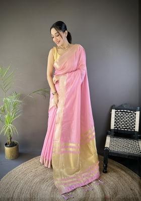 Pink Weaving Work Cotton Saree Set