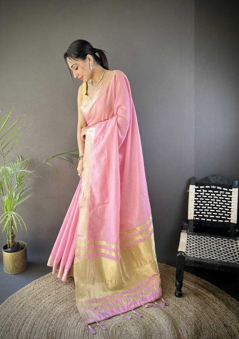 Pink Weaving Work Cotton Saree Set - Indya