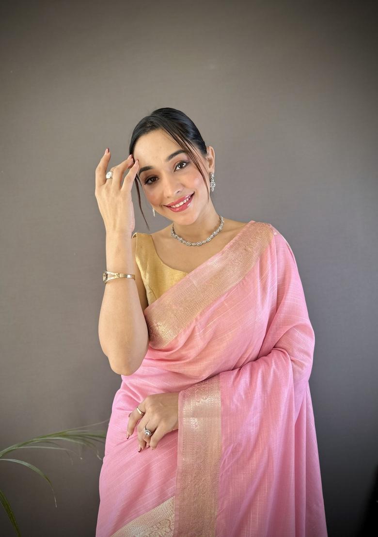 Pink Weaving Work Cotton Saree Set - Indya