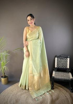 Pista Weaving Work Cotton Saree Set