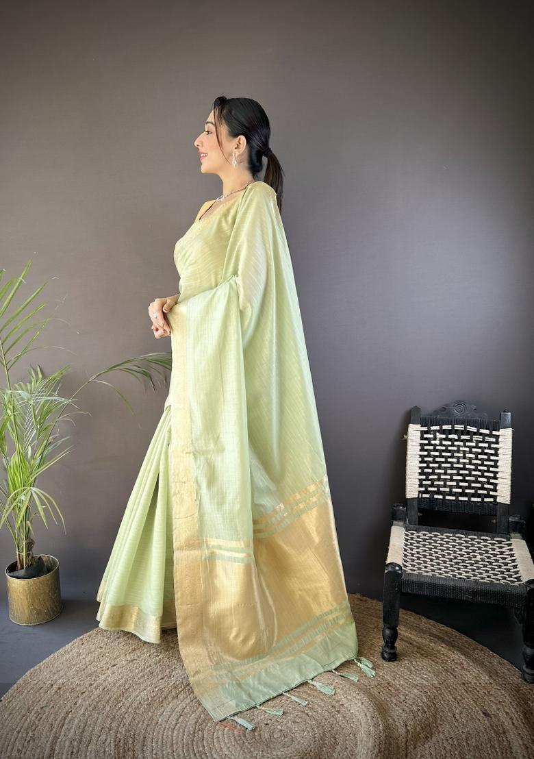 Pista Weaving Work Cotton Saree Set - Indya