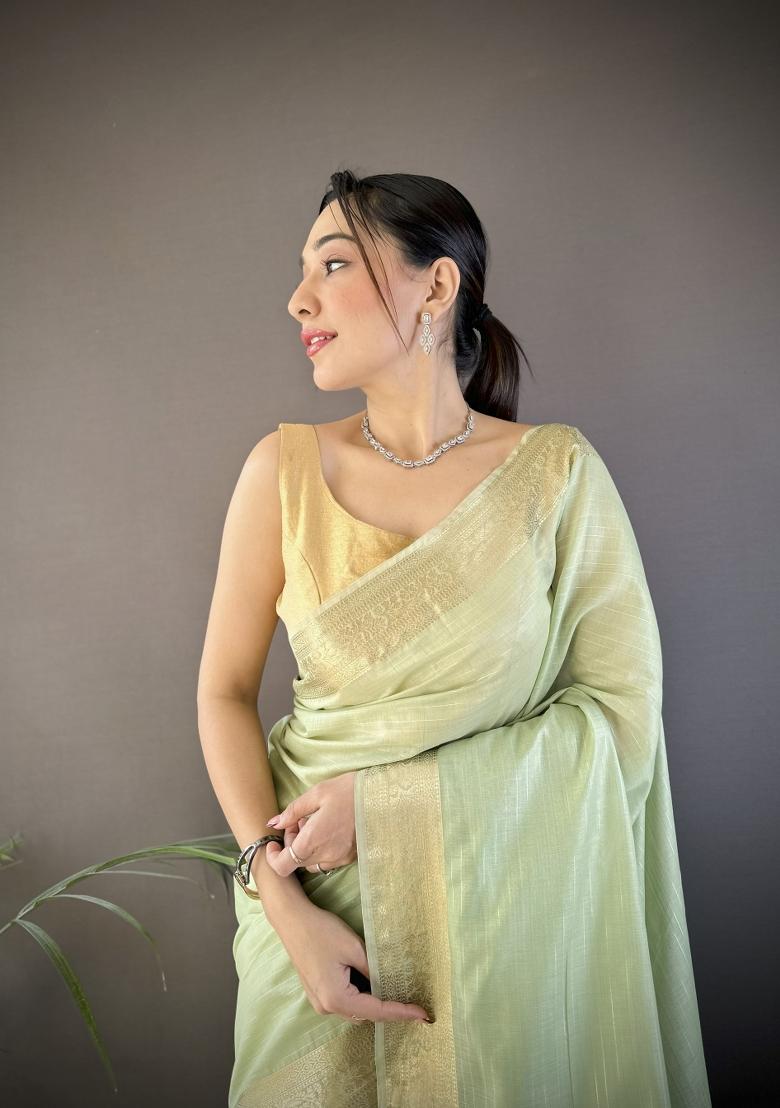 Pista Weaving Work Cotton Saree Set - Indya