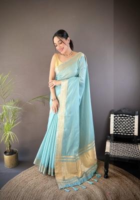 Sky Blue Weaving Work Cotton Saree Set