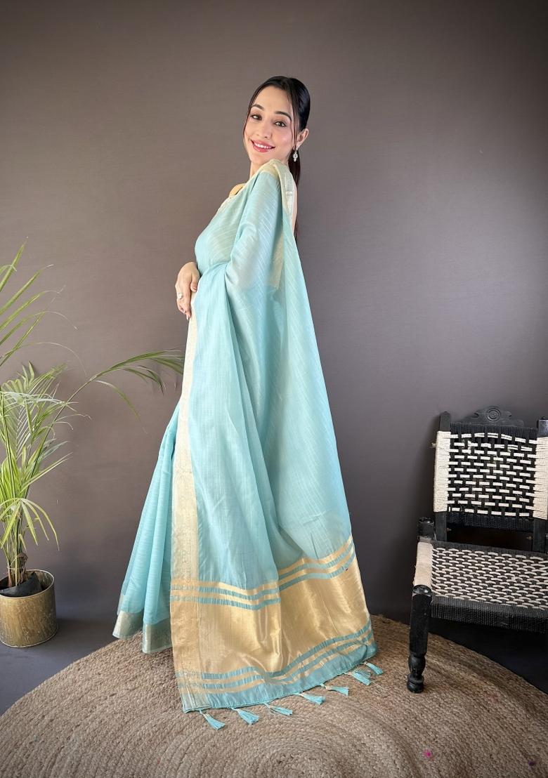 Sky Blue Weaving Work Cotton Saree Set - Indya