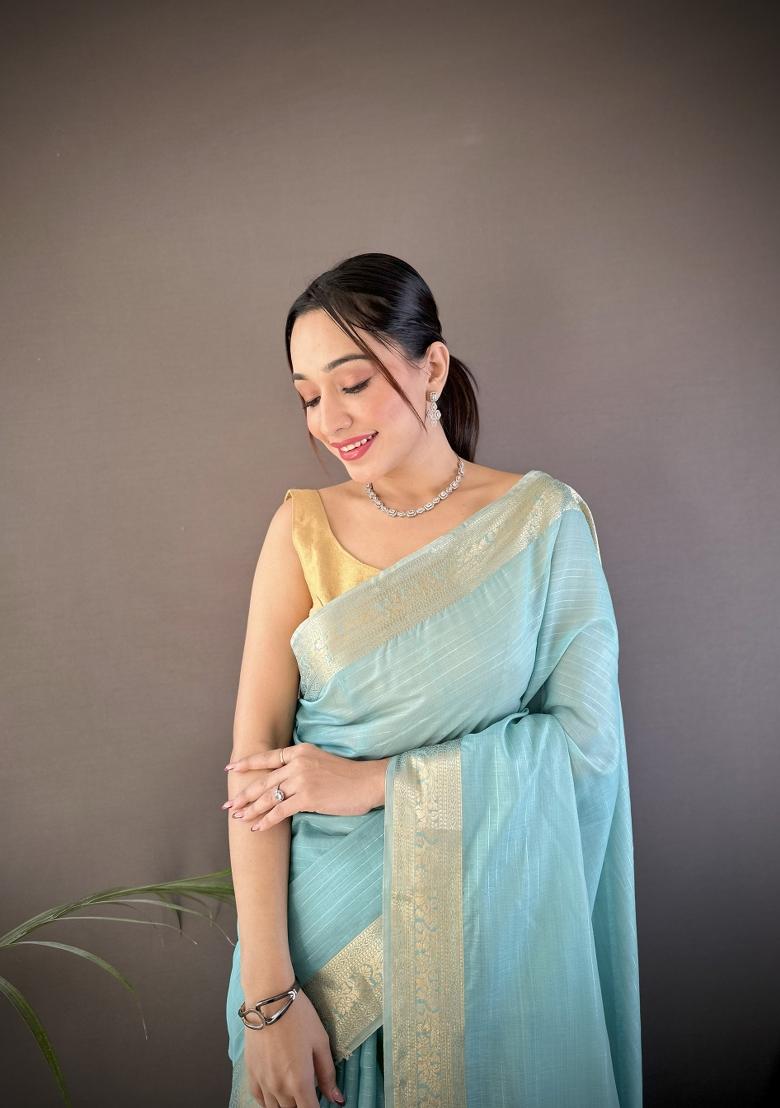 Sky Blue Weaving Work Cotton Saree Set - Indya