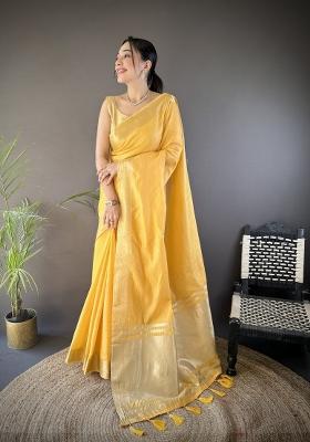 Yellow Weaving Work Cotton Saree Set
