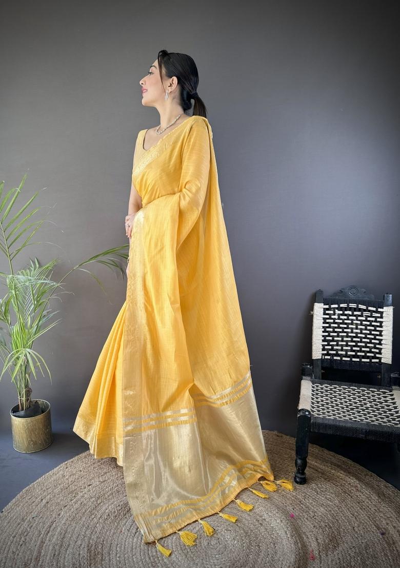 Yellow Weaving Work Cotton Saree Set - Indya