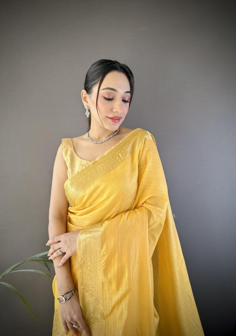 Yellow Weaving Work Cotton Saree Set - Indya