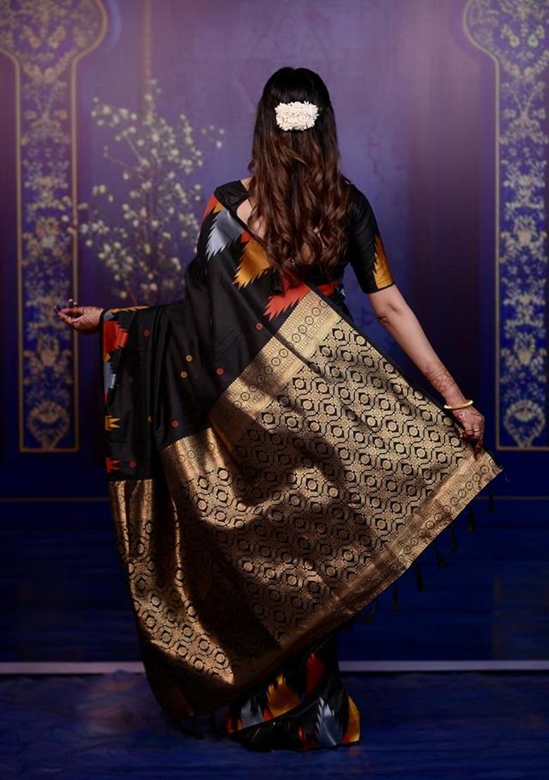 Black Jacquard Silk Saree Set - Indya