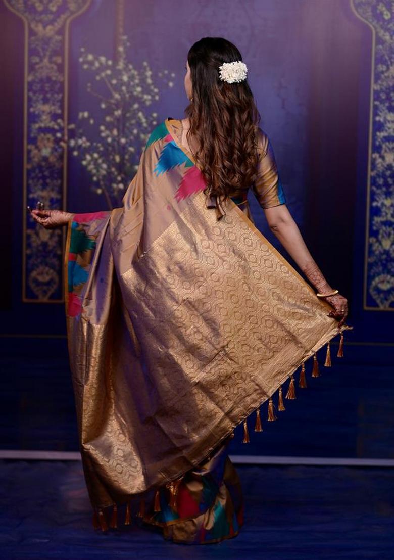 Brown Jacquard Silk Saree Set - Indya