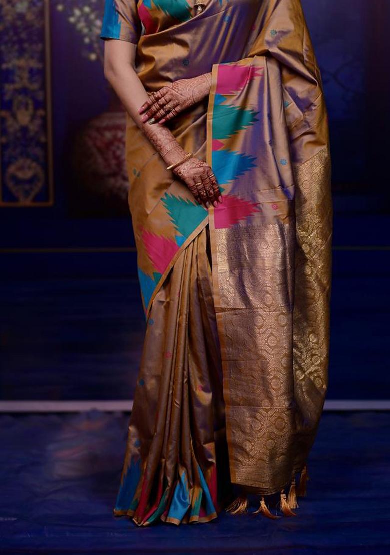 Brown Jacquard Silk Saree Set - Indya