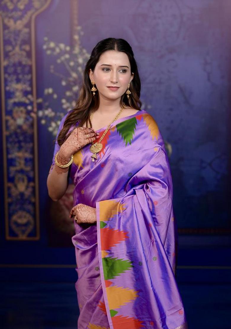 Lavender Jacquard Silk Saree Set - Indya
