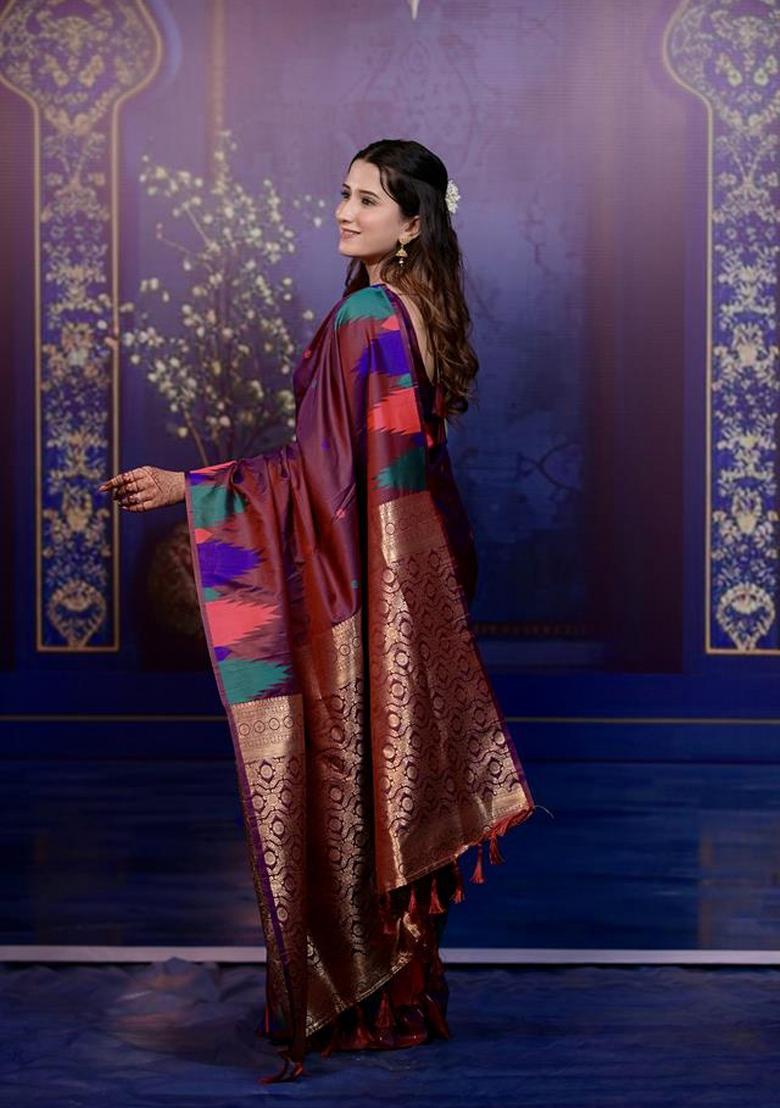 Maroon Jacquard Silk Saree Set - Indya
