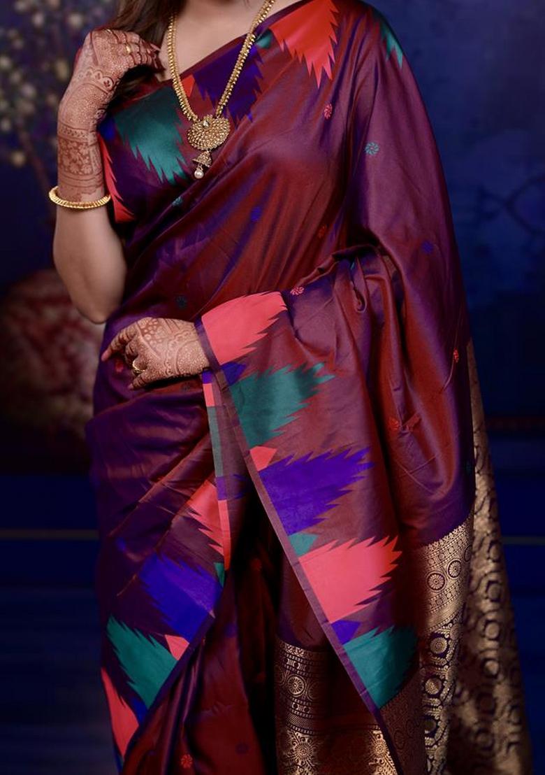 Maroon Jacquard Silk Saree Set - Indya