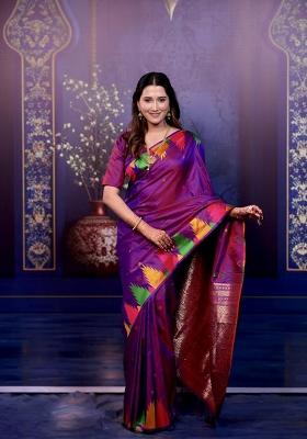 Purple Jacquard Silk Saree Set
