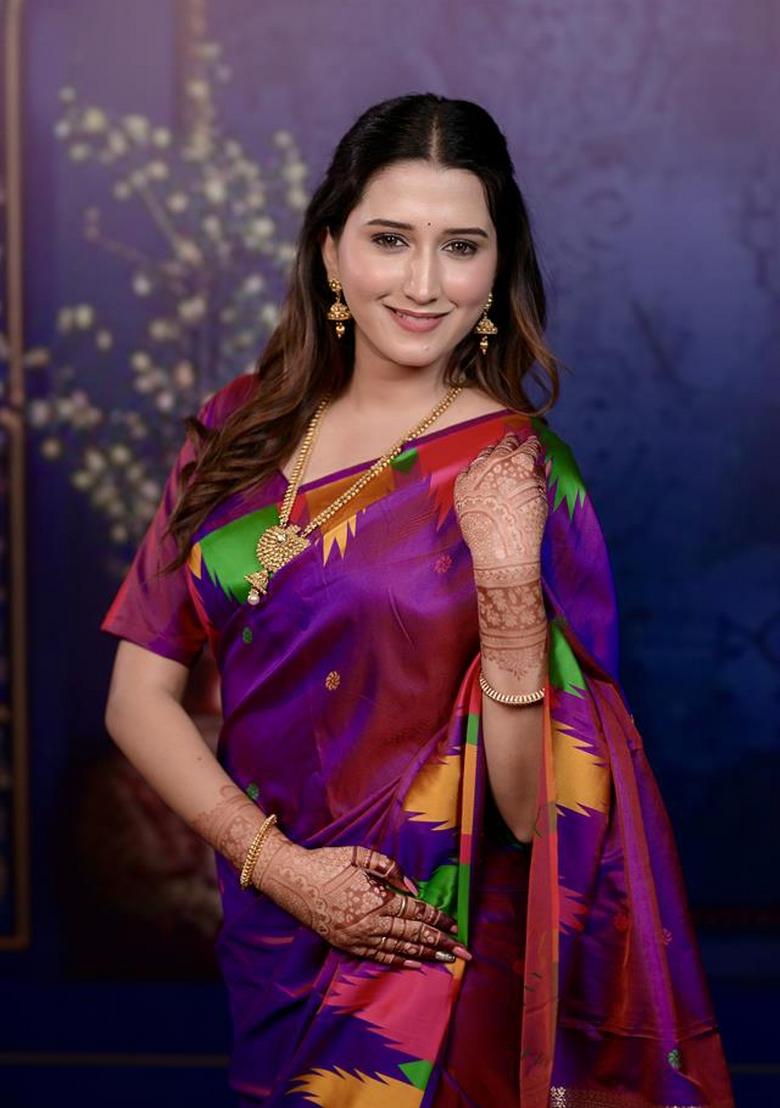 Purple Jacquard Silk Saree Set - Indya