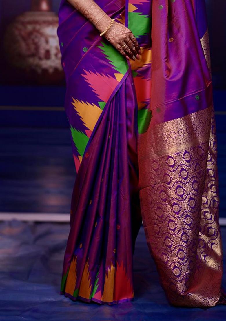 Purple Jacquard Silk Saree Set - Indya