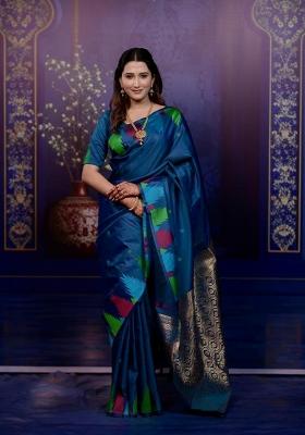 Teal Jacquard Silk Saree Set