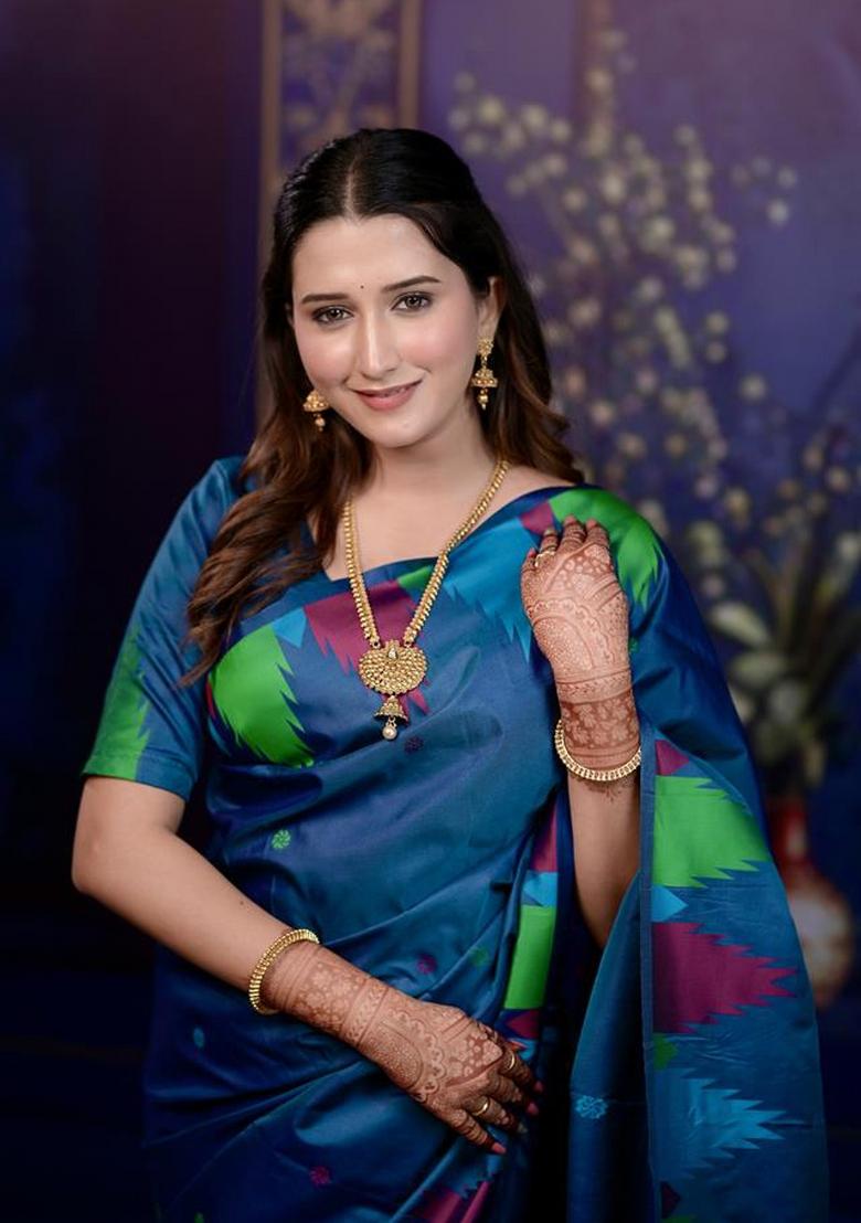 Teal Jacquard Silk Saree Set - Indya