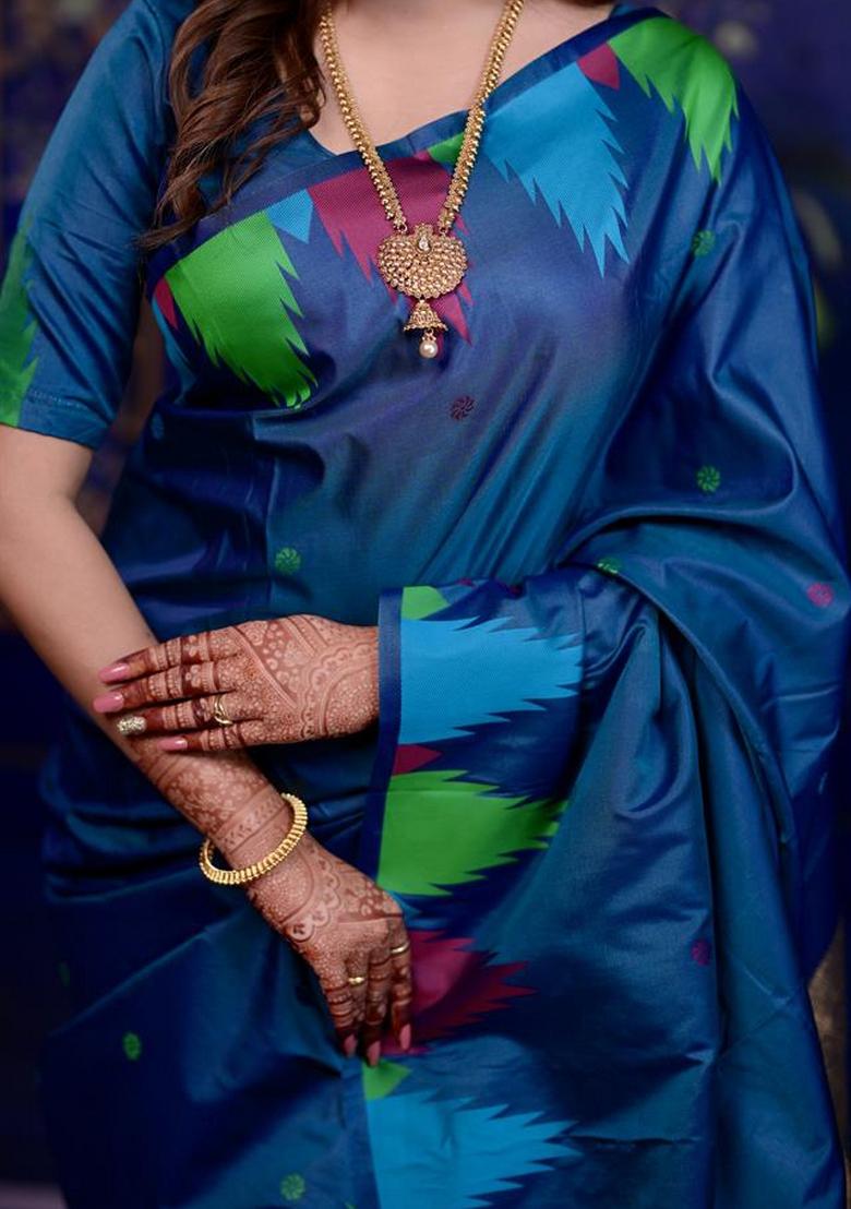 Teal Jacquard Silk Saree Set - Indya