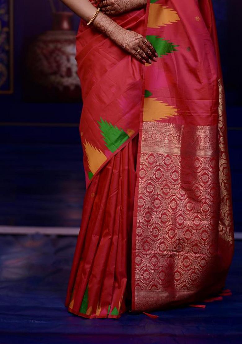 Red Jacquard Silk Saree Set - Indya