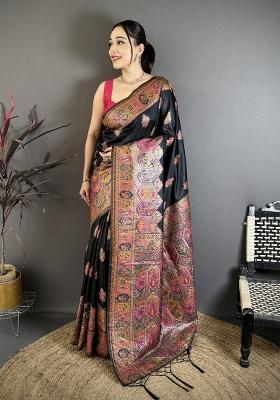 Black Tassels Silk Saree Set