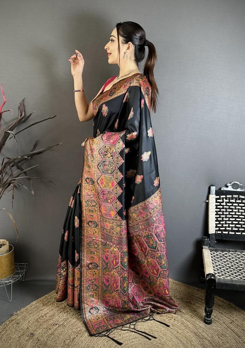 Black Tassels Silk Saree Set - Indya