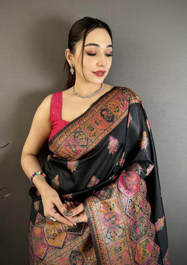 Black Tassels Silk Saree Set - Indya
