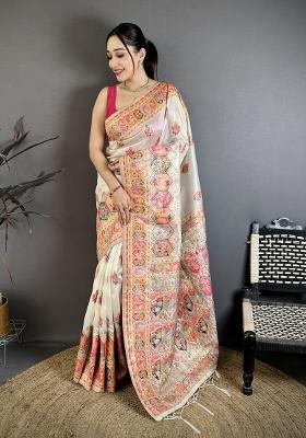 Off White Tassels Silk Saree Set