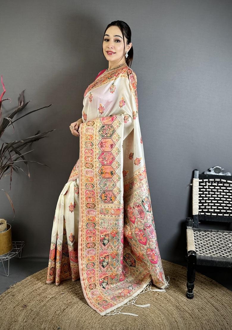 Off White Tassels Silk Saree Set - Indya